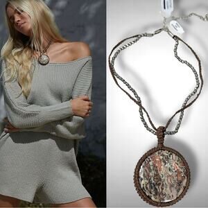 Free People Bohemian Crochet Brandy Pendant Statement Necklace Brown Neutral NWT